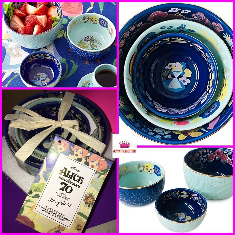 Disney Alice in Wonderland by Mary Blair 3-piece Floral Porcelain Bowl Gift Set